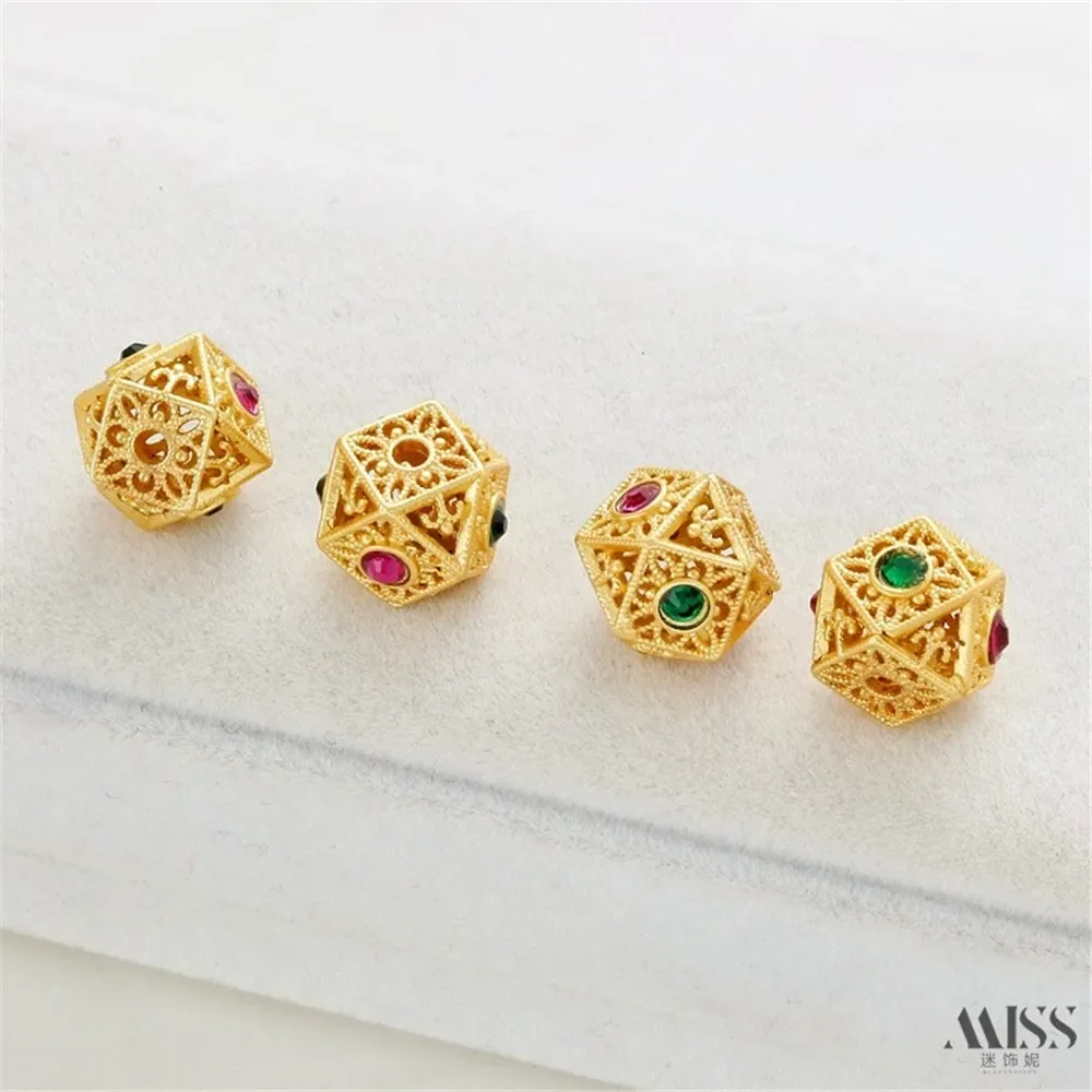 18K Gold Color Matte Gold Zircon Hollow Square Cut Corner Polyhedron Bead-separated DIY Bracelet Necklace Beaded Accessories