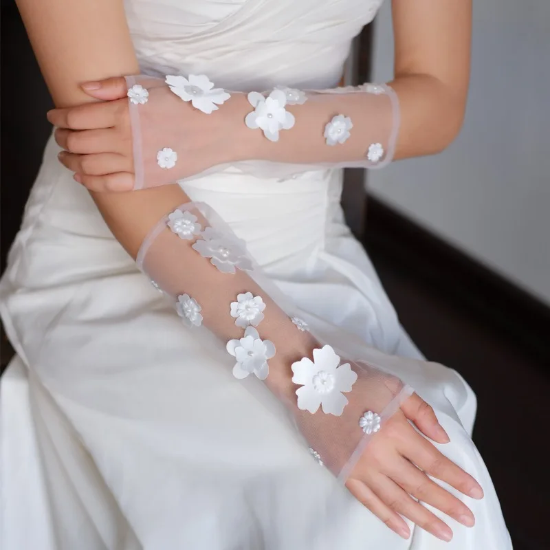 

Свадебные перчатки без пальцев Super Fairy Flower, свадебные аксессуары из белого тюля средней длины для невесты