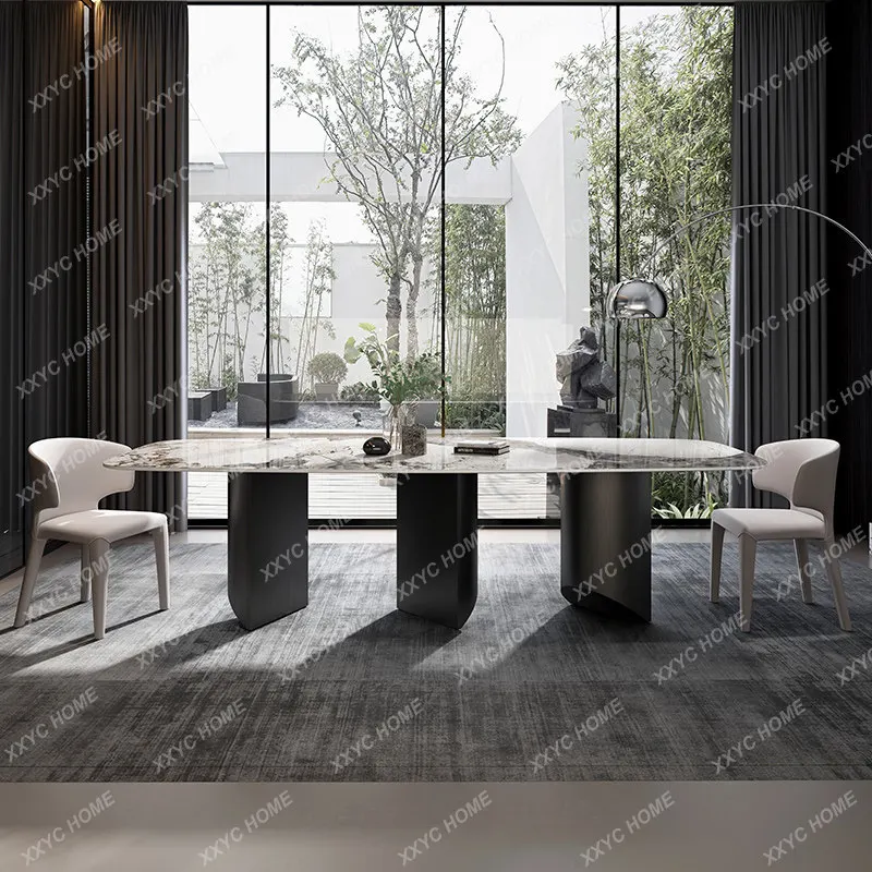 M  light luxury rock slab dining table modern simple  marble stainless steel feet rectangular luxury stone dining table