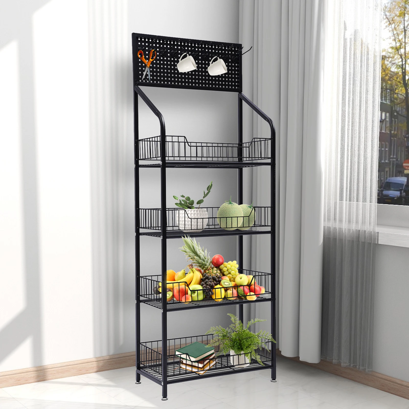 [Retail Display Rack] 4-Tier Metal Stand Storage Shelf - For Fruit Vegetable Snack - Sturdy Ample Space