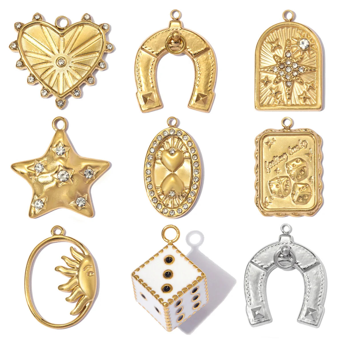 Lot de 3 Breloques DIY en Acier Inoxydable, motifs Fer à cheval, Soleil, Cœur, Étoile, Dés porte-bonheur, avec Strass et Émail, pour Colliers et Bijoux Femme