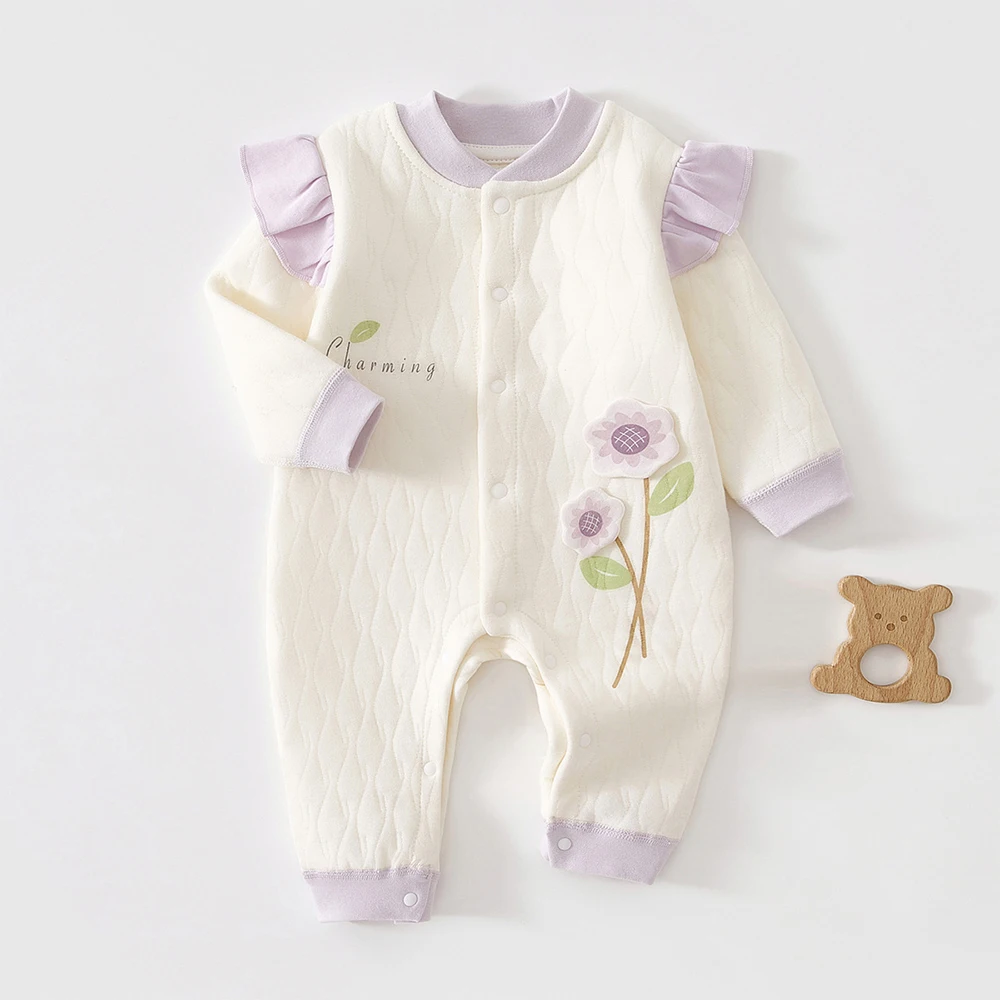 Spring Autumn Winter Baby Girl Romper Long Sleeve Quilted Warm Ruffles Newborn Clothing Thanksgiving Infant Jumpsuits