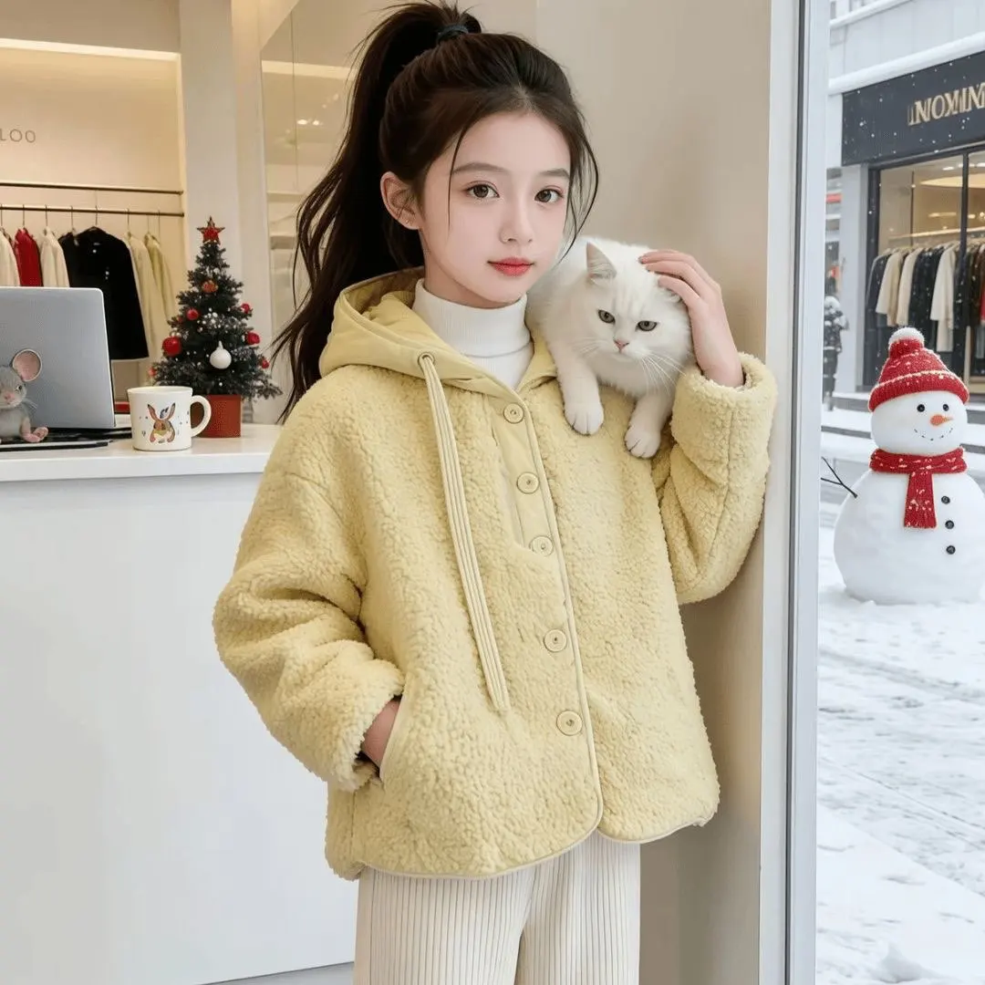 Girls' Winter Thick Warm Cotton Jacket with Velvet New Children's Leisure Warm Hoodie Coat