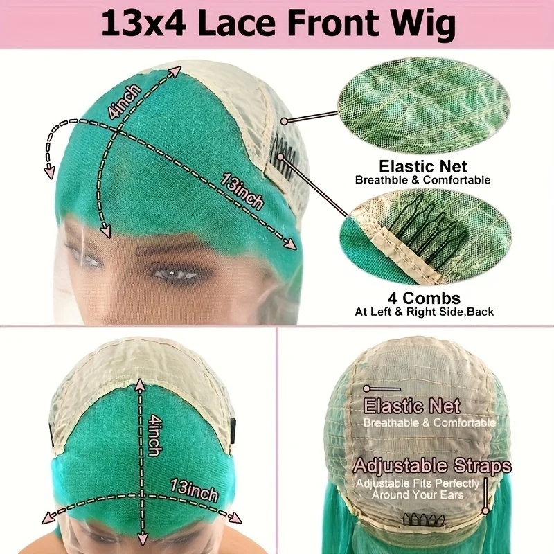 EQ الشعر العظام مستقيم النعناع الأخضر 13x4 الدانتيل الشفاف الجبهة الباروكات شعر الإنسان الطاووس الأخضر عذراء البرازيلي خصلات الشعر المستعار الإنسان