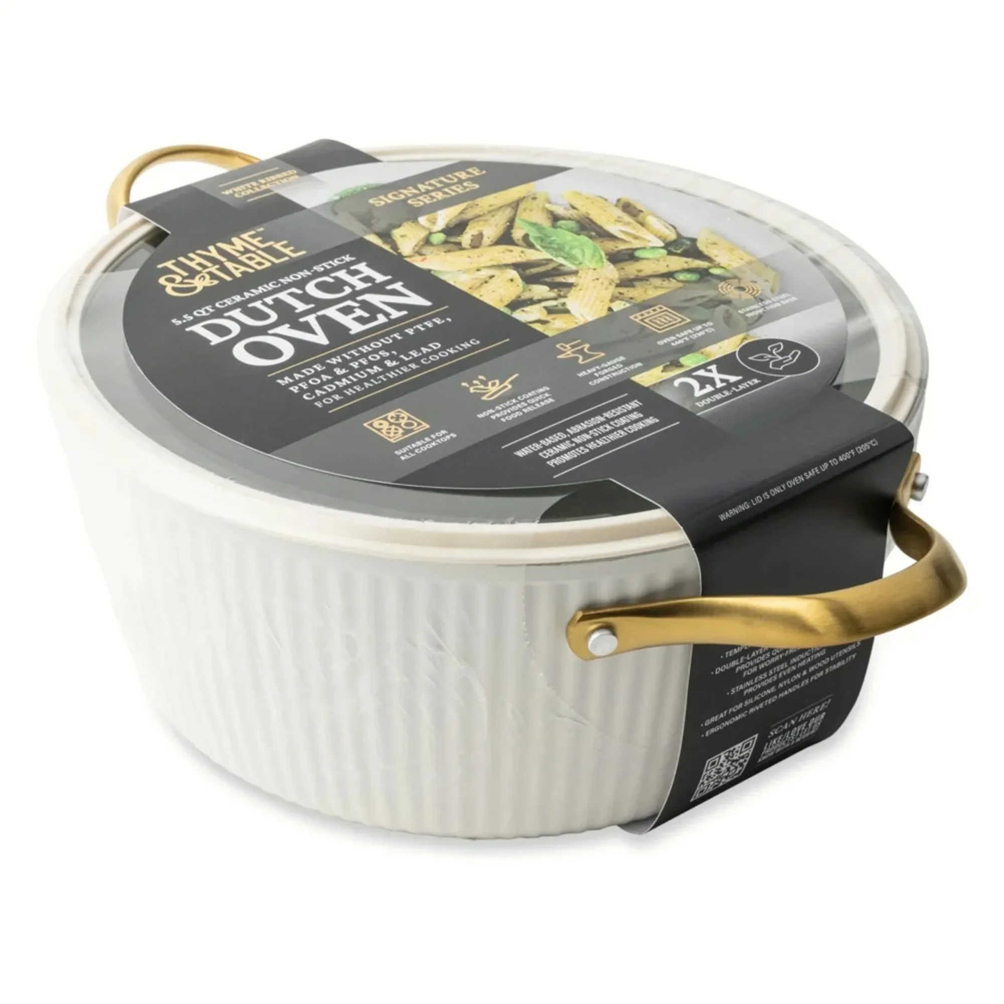 

5,5 QT ребристая голландская духовка с антипригарным покрытием, бело-золотая, фирменная конструкция для ровного нагрева, безопасная для духовки для выпечки и тушения