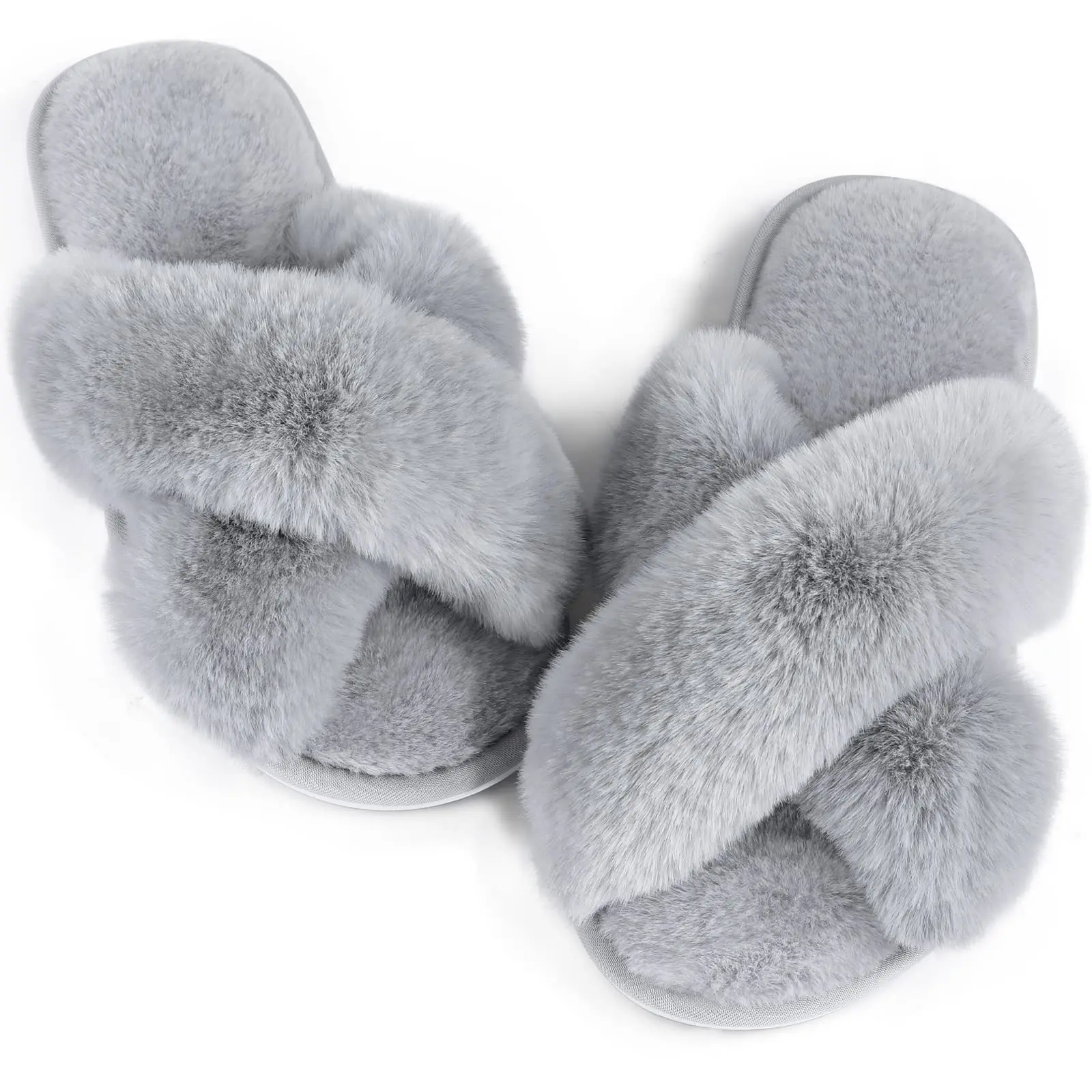 Comwarm Women Flat Fuzzy Slippers Cross Band Plush Slippers Female Fluffy Furry Bedroom Slides Indoor Non-slip House Slippers