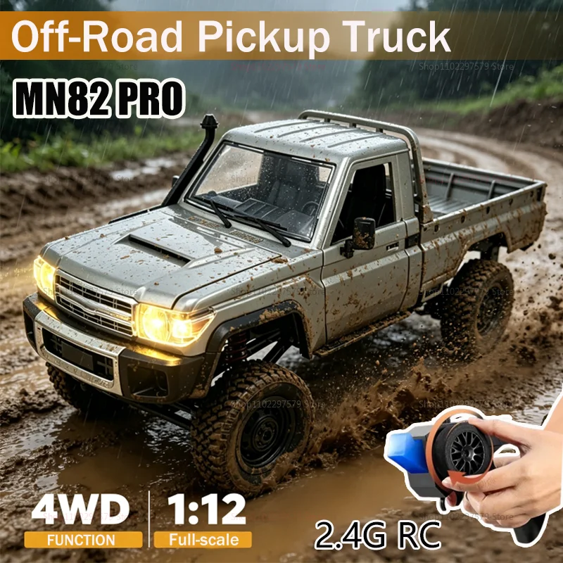 Caminhonete off-road MN82 PRO atualizada, 4x4, em escala 1:12, com faróis e controle remoto de 2,4 GHz — brinquedo para crianças, ideal para brincar ao ar livre e como presente