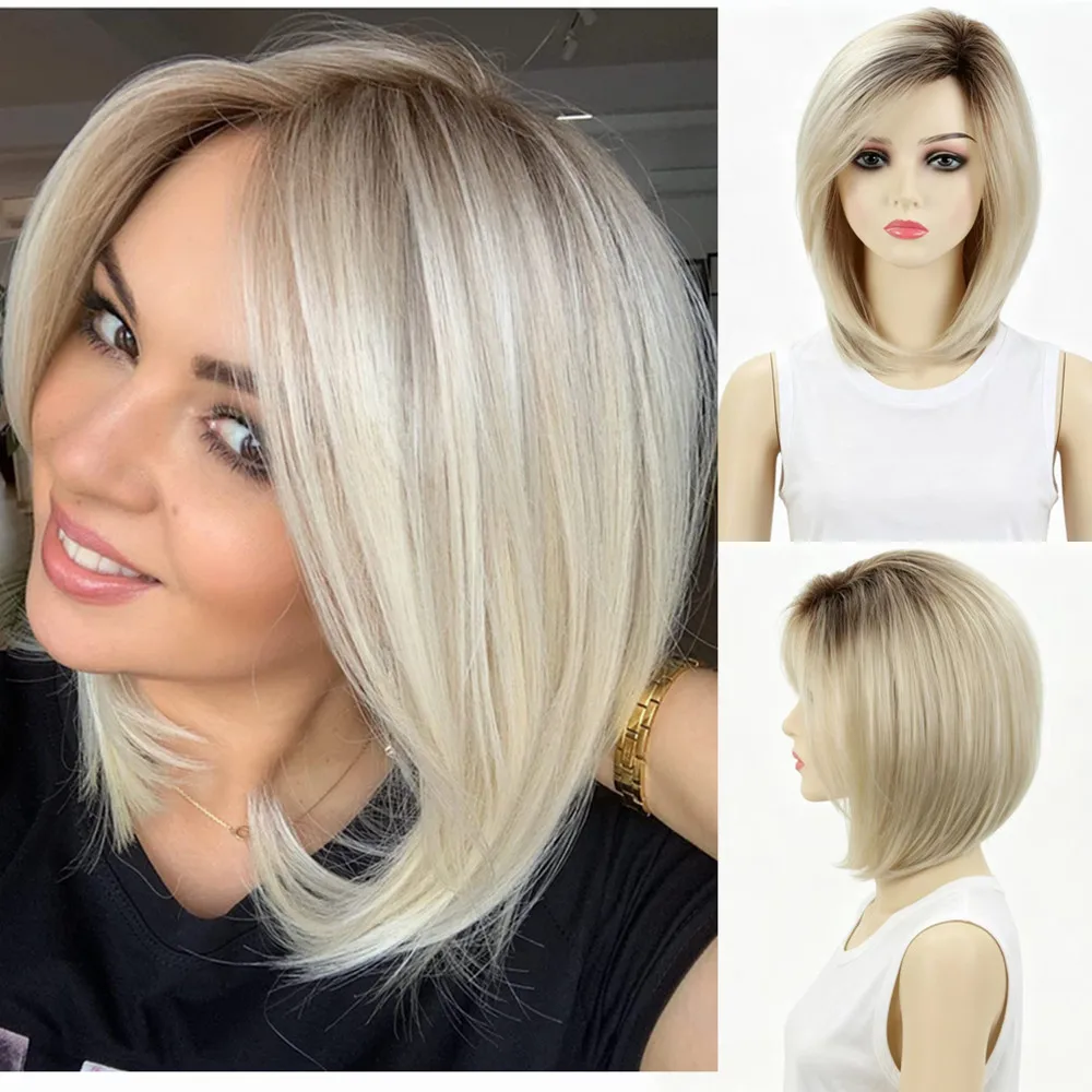 Short Layered Synthetic Wig with Dark Roots Natural Looking Heat Resistant Hair Ombre Blonde Gray Brown Bob Wigs for Women Daily