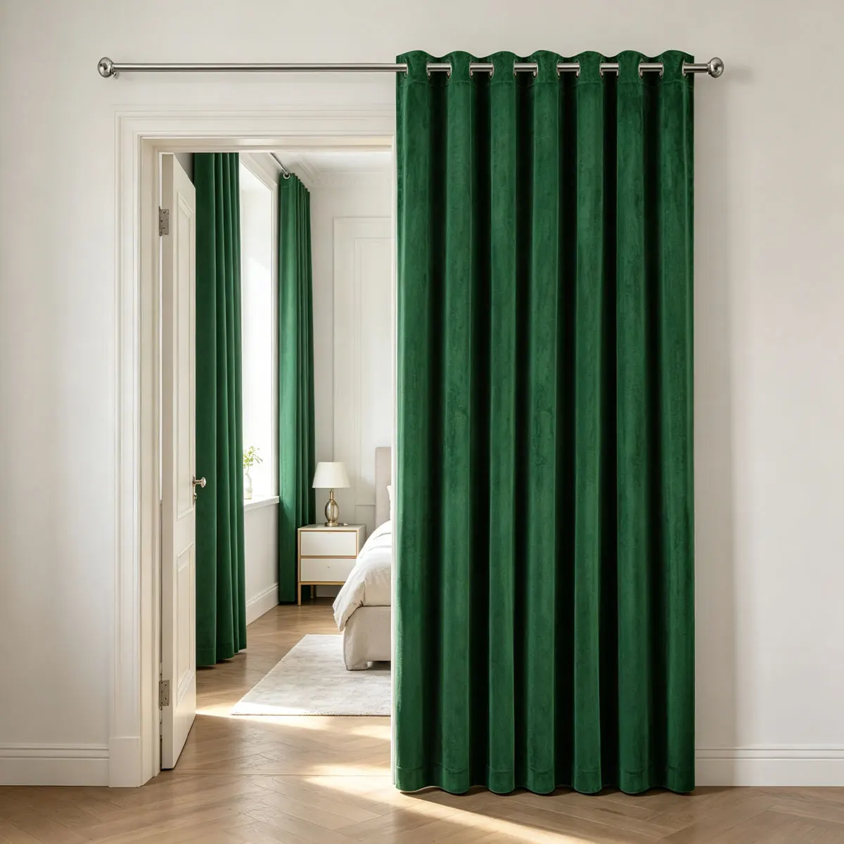 Emerald Green Velvet Grommet Room Divider Curtain, Blackout Privacy Drape for Universal Living Room Doorway Balcony Decor