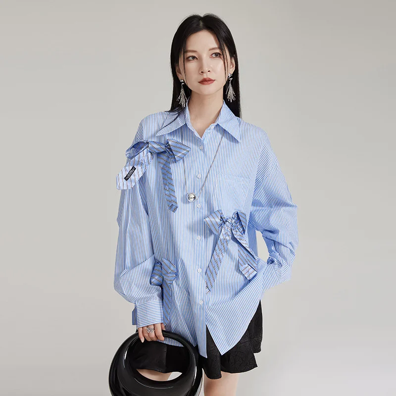 Women Autumn Stripes Cotton Shirts Tie Bow New Loose Long-sleeved Blouse Niche Design High-end Tops Street Hipsters Lapel Female