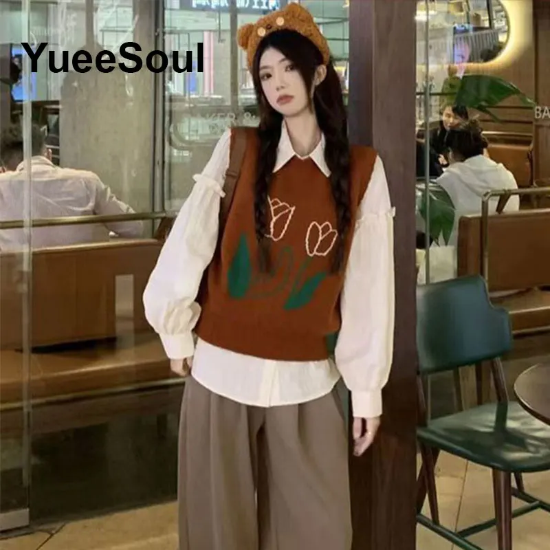 Japan Style Vintage Brown Women Knit Vest V Neck Sleeveless Loose Oversized Sweater Vest 2026 New Autumn Y2K Waistcoat Outerwear