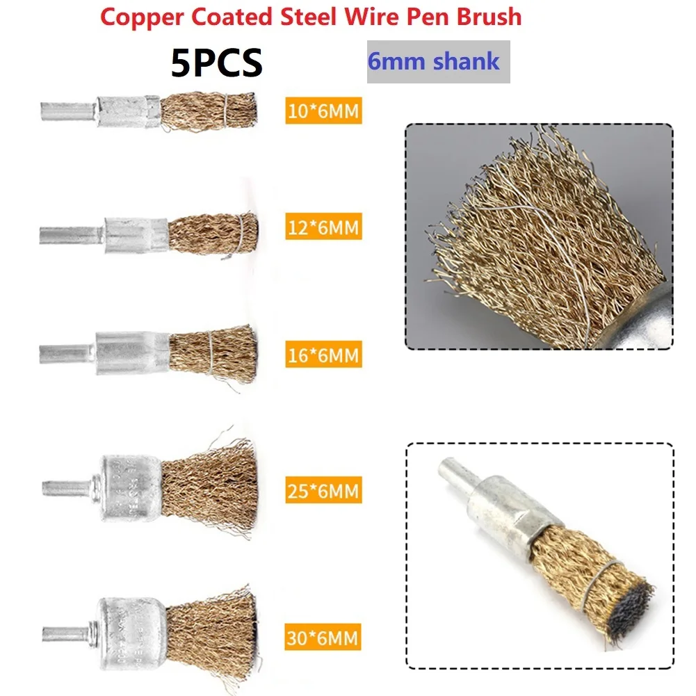 5pcs 10/12/16/25/30mm Head Diameter Copper Coated Steel Wire Brush With 6mm Shank For Remove Rust Polish Tile Hand Tool Brushes