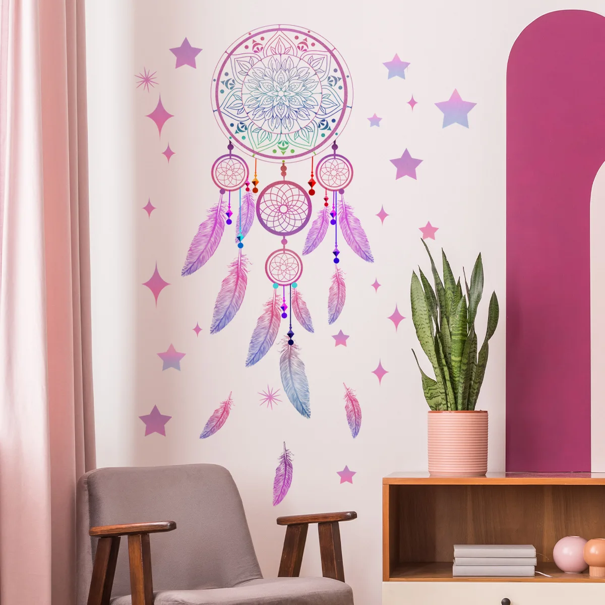 Pink Mandala Dream Catcher Wall Stickers Lucky Feather Dreamcatcher Vinyl Wallpaper for Bedroom Living Room Home Wall Decoration