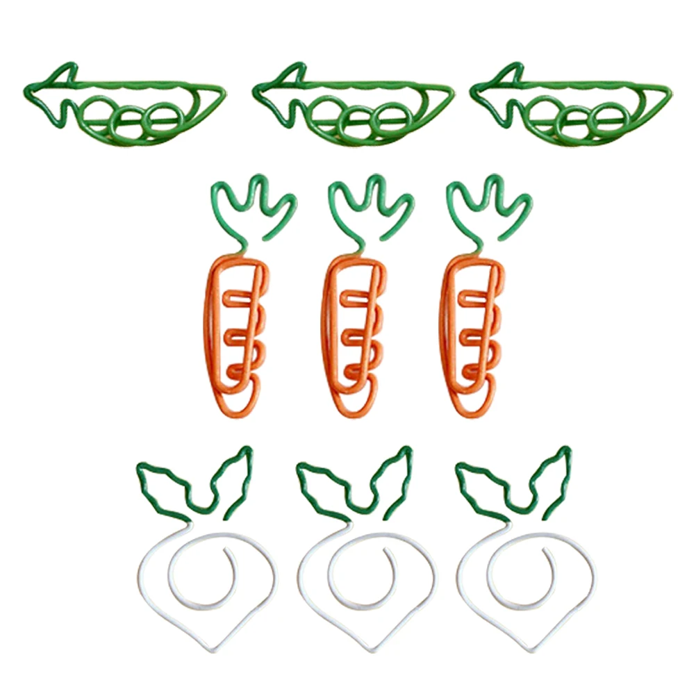 

9pcs Carrot Radish Pea Paper Clips Office School Supplies Creative Document Decorative Small School Paper Clips Metal