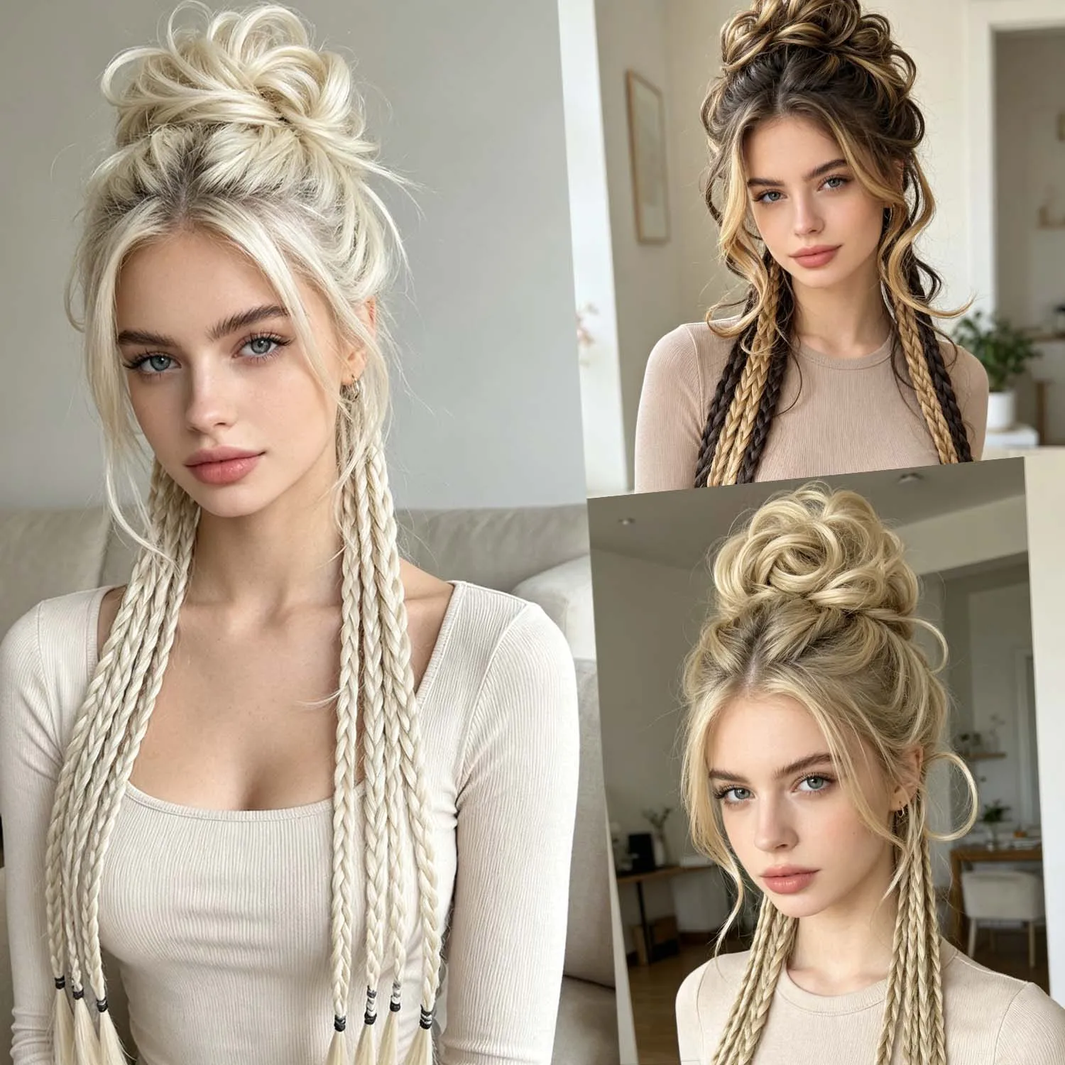 Postizo de Cabello Sintético para Moño Despeinado, Rubio y Castaño, Estilo Y2K, Trenza Despeinada y Rizada, Banda Elástica para el Cabello, Piezas de Cabello Postizas para Mujer