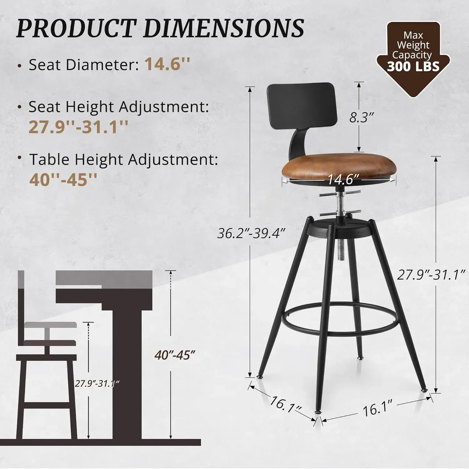 Industrial Swivel Bar Stool Set of 4, 26"-32" Adjustable Counter Height Bar Stool with Back for Kitchen Island, Vintage Farmhous