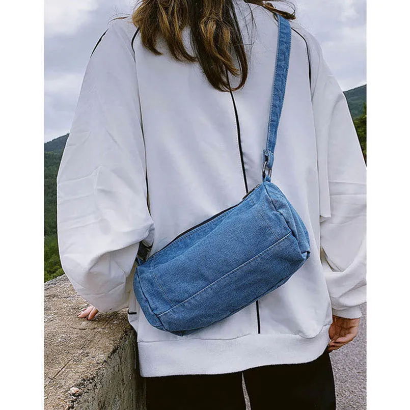 Denim Campus Unisex Large Capacity Shoulder Messenger Crossbody Bags Cylinder Jean Women Purse