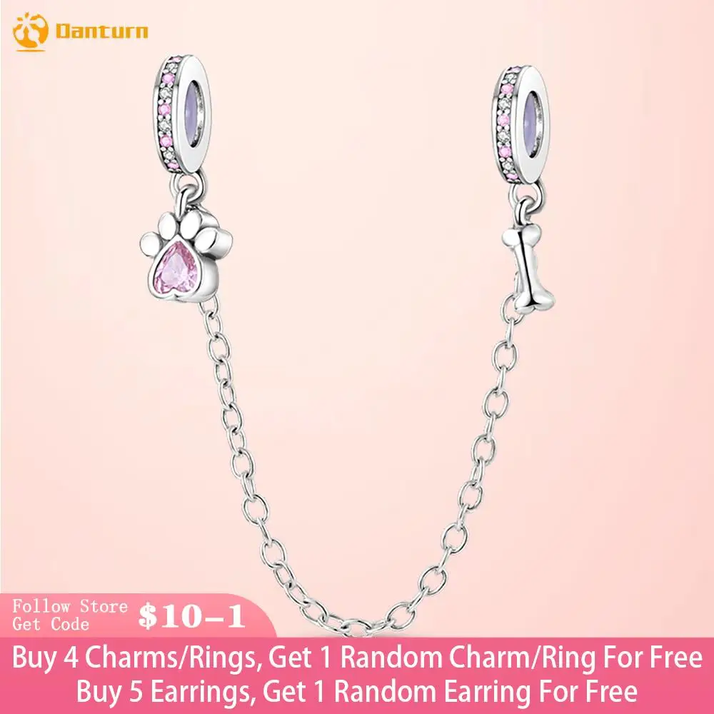 

Danturn 925 Sterling Silver Beads Paw Prints and Bones Safety Chain fit Original Pandora Bracelets Fashion Women Jewelry