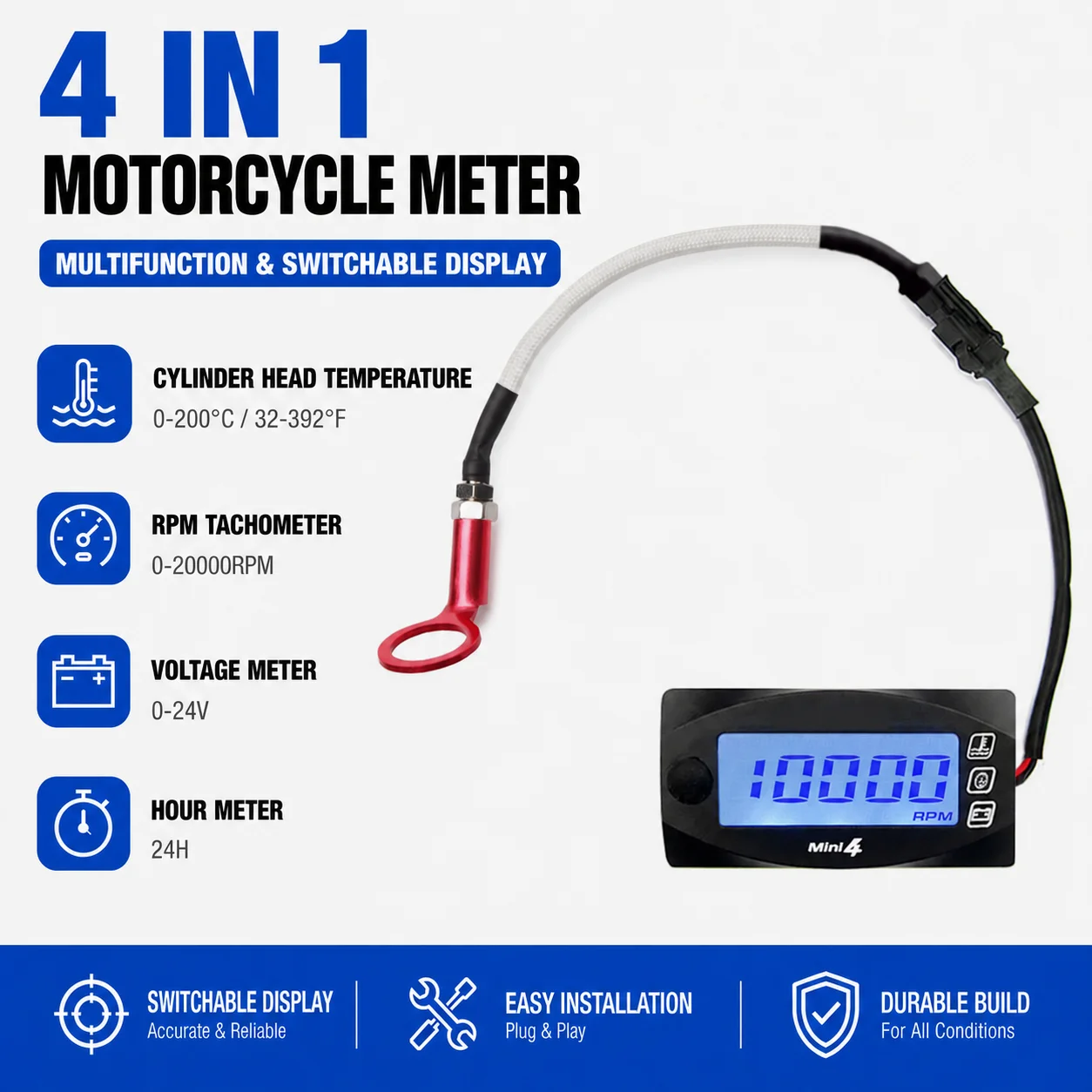 Universal Motorcycle Cylinder Head Temperature Voltage Time RPM Gauge 4 in 1 Mini Digital Meter for NMAX XMAX250 XMAX300