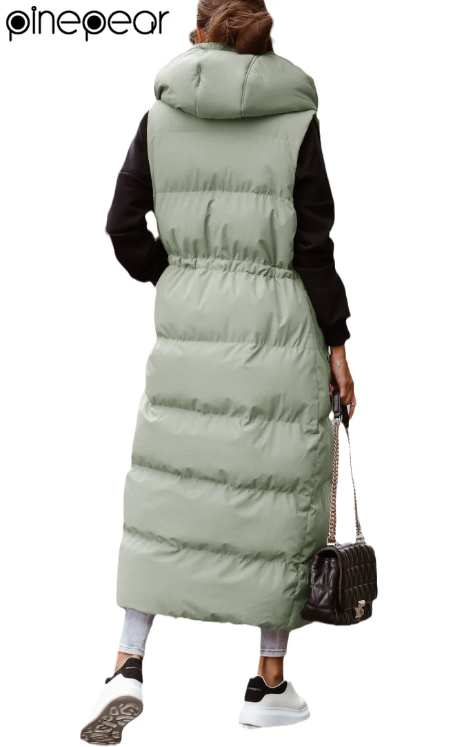 PinePear 2025 Fall Winter Fashion Women Super Long Quilted Vests Hooded Maxi Length Sleeveless Puffer Vest Padded Coat Outerwear