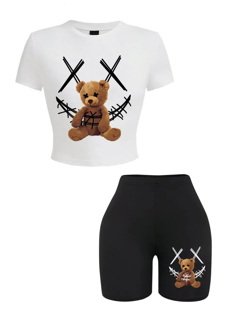 Casual Womans Crop Tops & Shorts Two Pieces Set Cartoon Bear Bound Funny Printing Tees Soft Slim O-Neck High Elastic Clothes