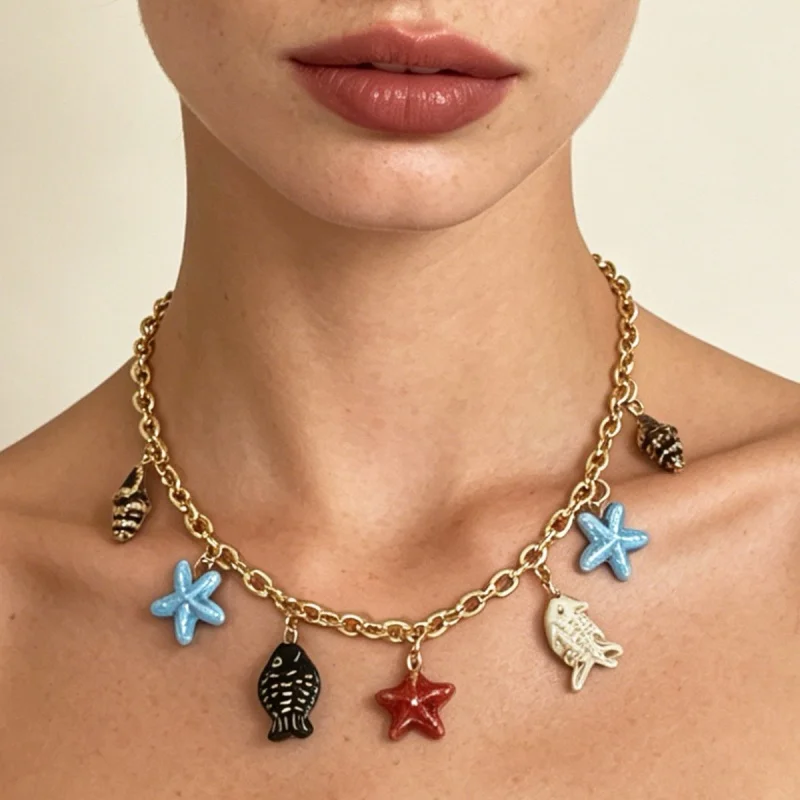 Women Beachy Enamel Charm Necklace Gold Tone With Multicolor Sea Life Pendants Trendy Summer Accessories