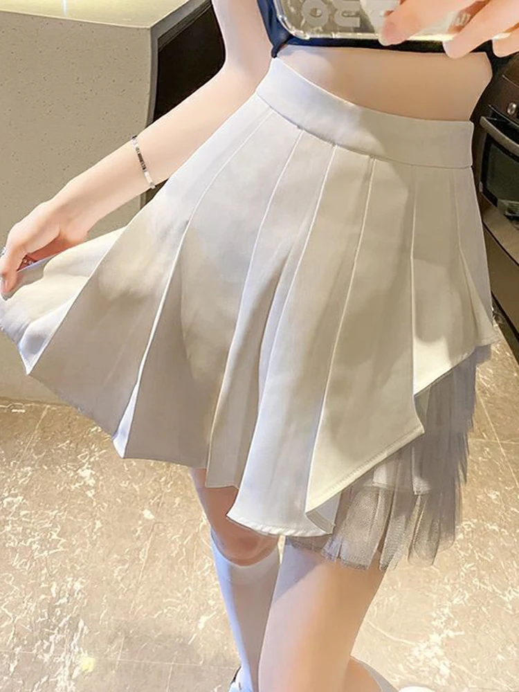 Zoki Sexy Mesh Patchwork Pleated Skirt Women Fashion High Waist A Line Mini Skirt Korean Preppy Style Student Dance Skirt Summer