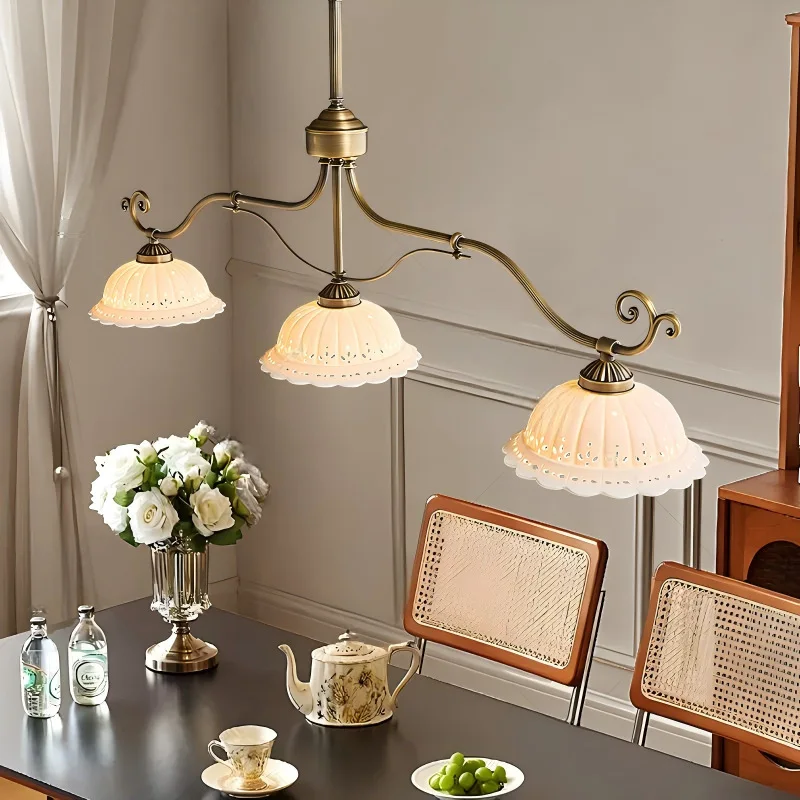 Vintage Farmhouse 3‑Light Linear Chandelier All Copper Ceramic Pendant Lamp For Dining Room Kitchen Island Hanging Light