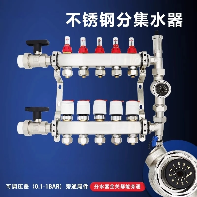 Stainless Steel Manifold Flow Meter Adjustable Bypass Valve Auto Air Vent 0.1-1 Bar HVAC Heating System