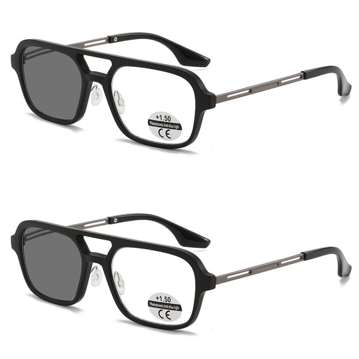 

2PCS Photochromic Anti-blue Light Reading Glasses Men Large Frame Color-changing Hyperopia Glasses Ultra Light Unisex Glasses