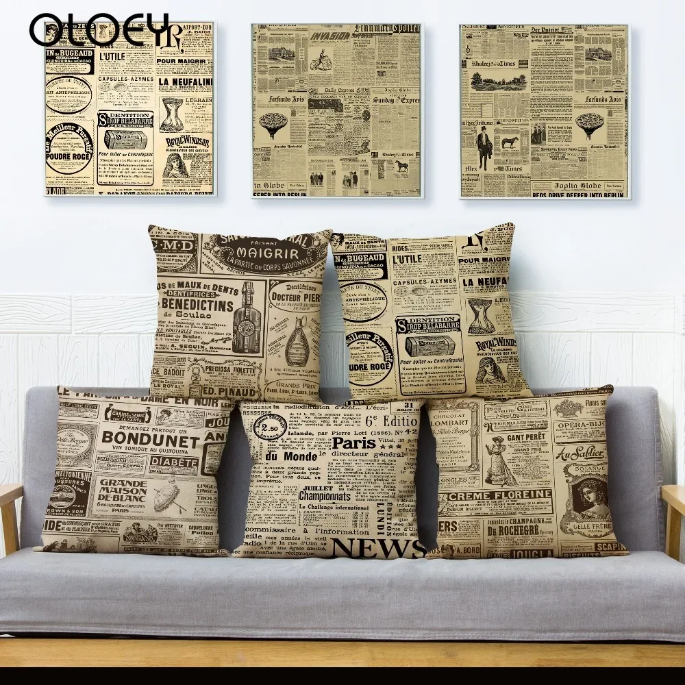 

Vintage Newspaper Cushion Cover for Sofa Home Decor Throw Pillowcase Print Geometric Pillow Case Linen 45*45cm