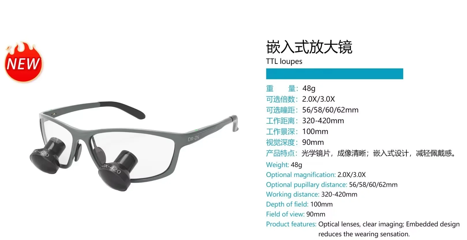 TTL Loupes 2.0X/3.0X Ultra-Light Magnifier Custom Pupillary Distance 320–420mm