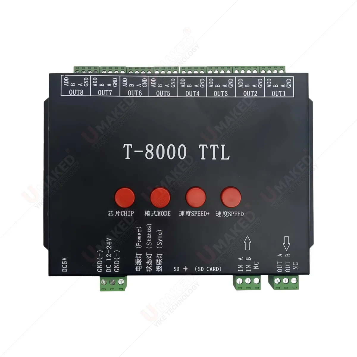 T-8000 TTL LED Pixel SPI Controller DC5V 12V-24V With SD Card Program for ws2812b/WS2811/LPD6803/DMX512 LED Strip Light Tape