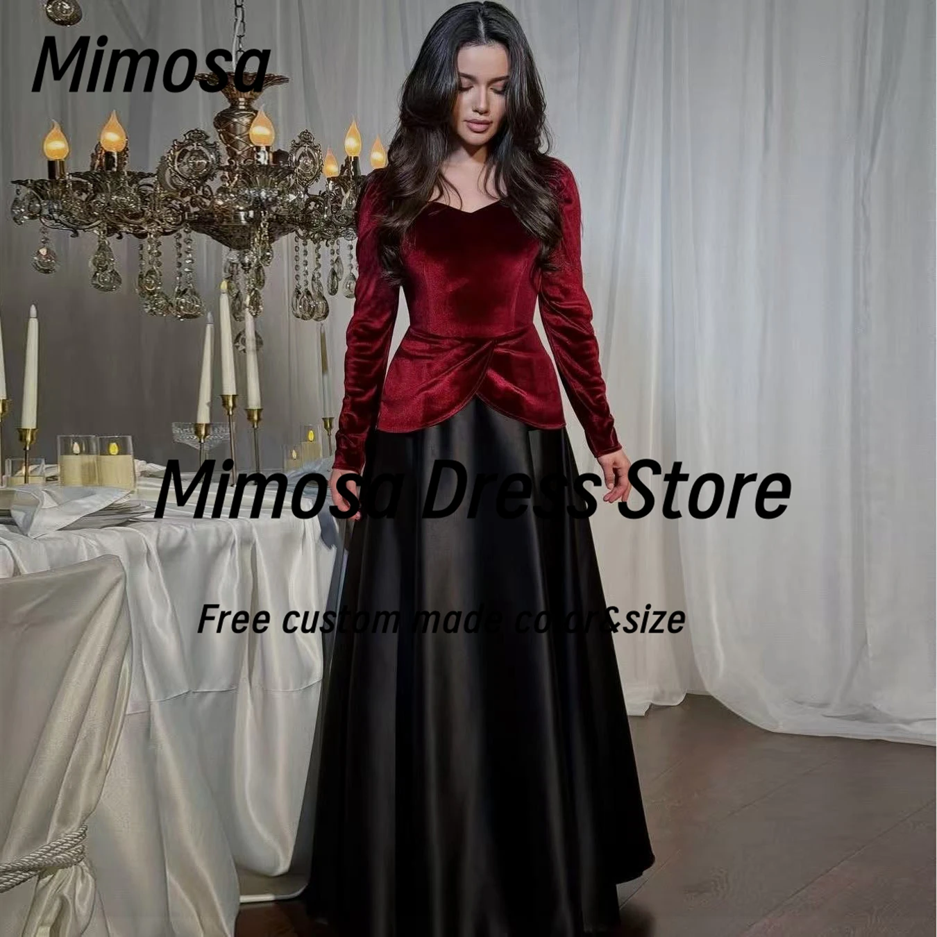 

Вечерние платья контрастного цвета Mimosa, 2025 г., велюровое платье для выпускного вечера с длинными рукавами, атласные вечерние платья Саудовской Аравии по индивидуальному заказу