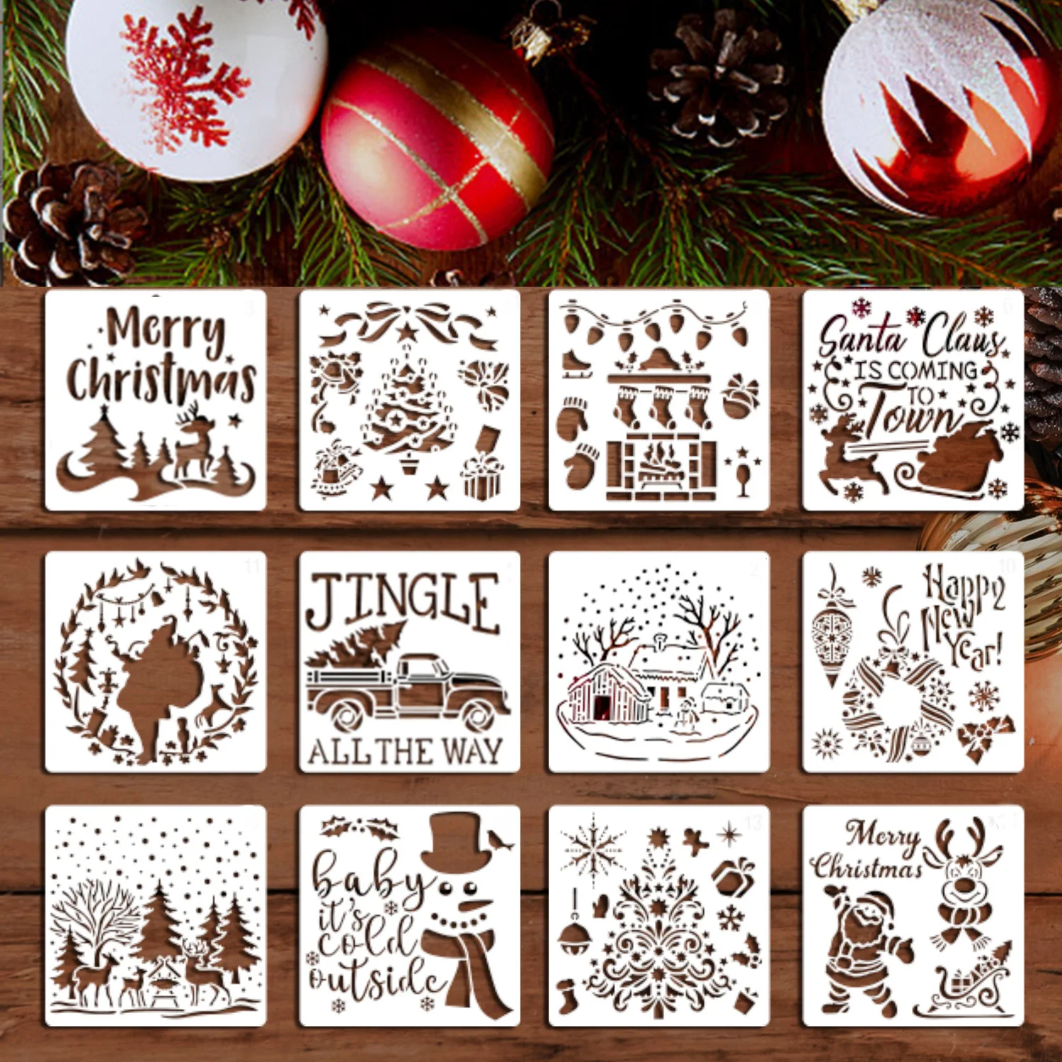 Christmas Holiday Decor Stencils, Hollow Molds with Texts&Patterns for DIY Drawing Card Making Tracing Graffiti Xmas Paper Craft