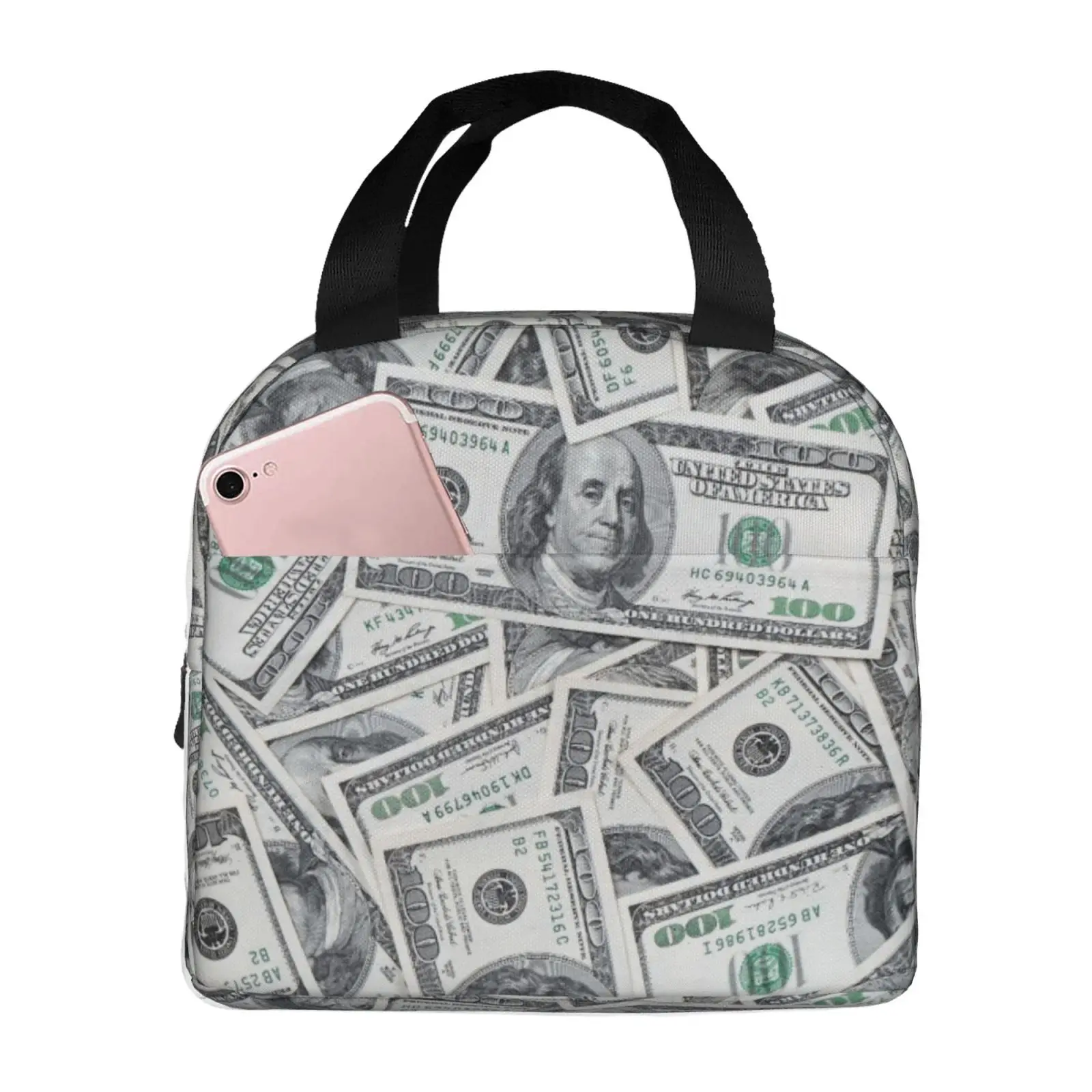 USD Currency Stamp Insulated Lunch Bag for Women Men Portable Thermal Cooler Insulated Lunch Box Picnic Travel Food Tote Bags