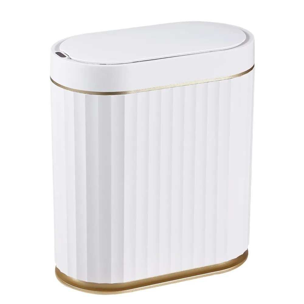 

ELPHECO Automatic Motion Sensor Trash Can - 2 Gallon Slimline for Bathroom, Bedroom, Kitchen, Office - White with Gold Trim