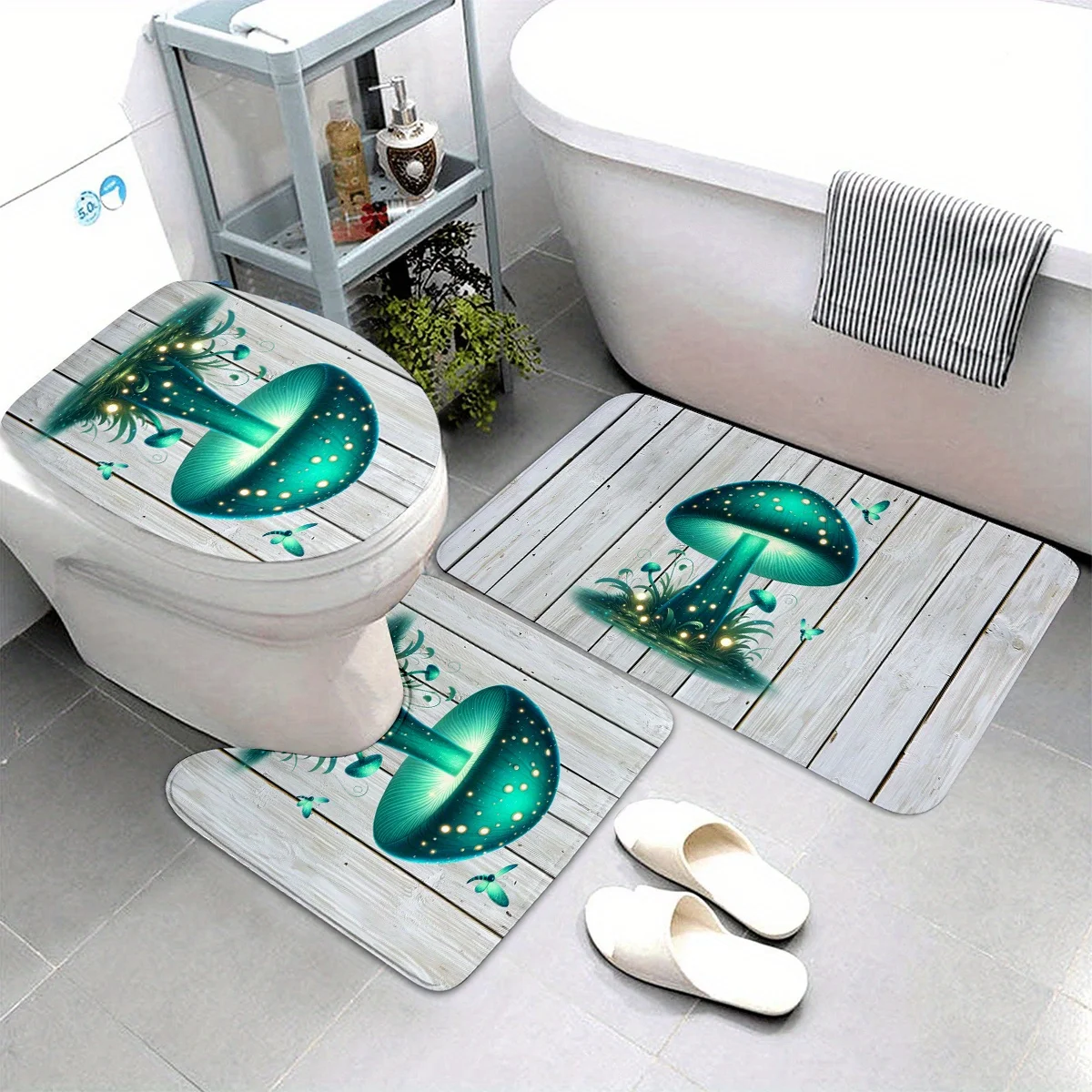 

3pcs Soft Flannel Mushroom & Fern Bath Floor Mats Suitable for - Woodland-Themed Bathroom, Machine Washable Thick, Christmas Dec