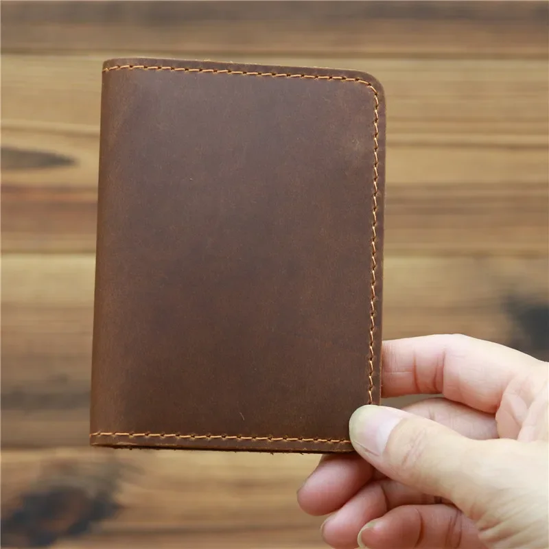 Porte-cartes en cuir marron vintage pour hommes, porte-cartes de crédit, cuir de vache ciré, conception simple, 2 mini pinces à billets pliées