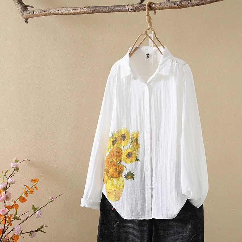 Elegant blouse autumn women's clothes 100% cotton yarn sunflower white shirts long sleeve blouses for women tops