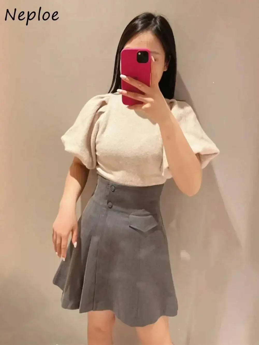 기질 O 넥 퍼프 슬리브 스위트 점퍼 올 매치 니트 캐주얼 패치 워크 풀오버 일본 모다 솔리드 우아한 니트