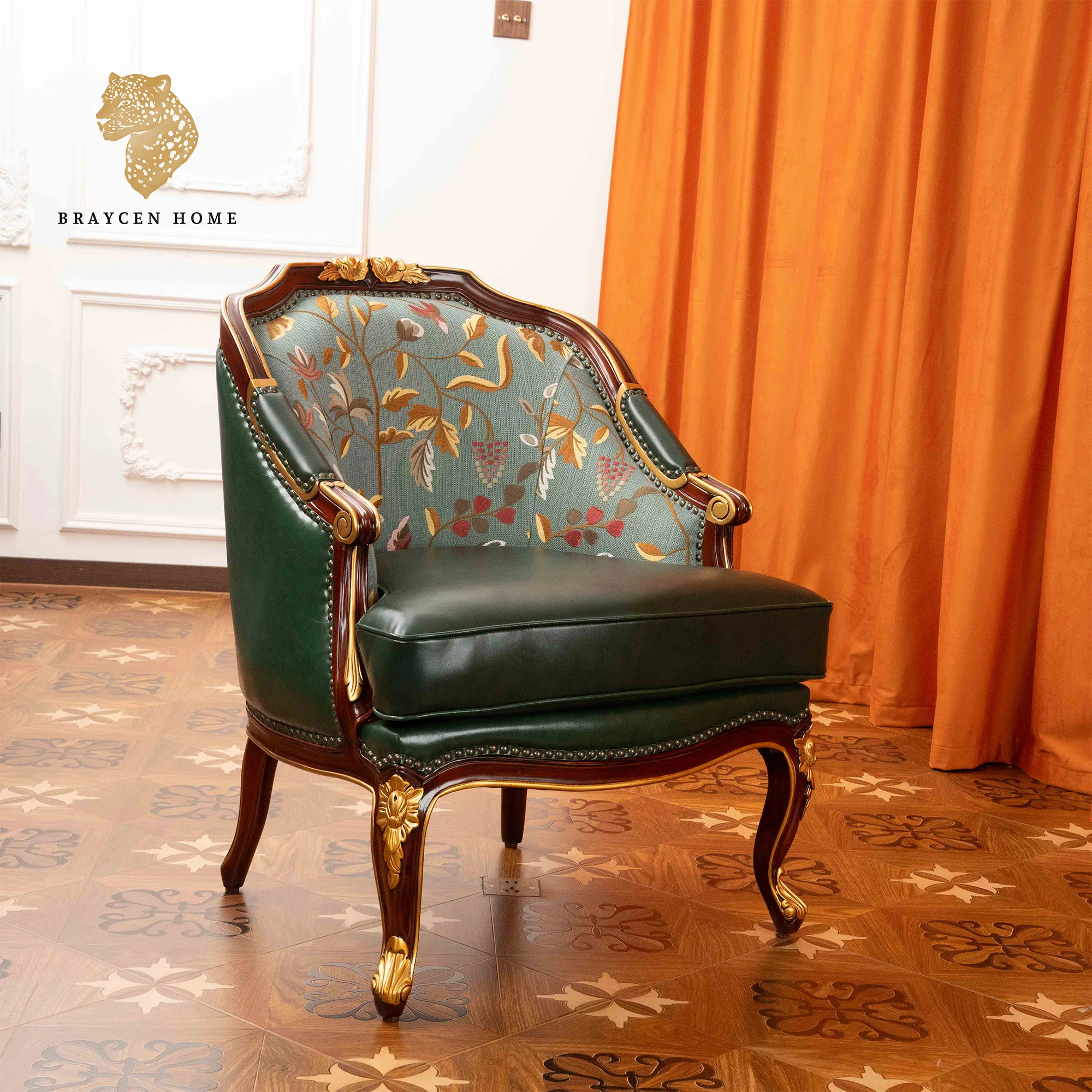 European Style Leather Single Sofa Golden Carved Living Room Genuine French Antique Japanese Sofa Lazy Sofa Armchair