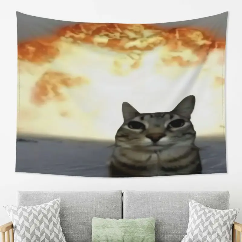 VIKAMA Sunset Healing Injustice Internet Celebrity Cat Emoji Tapestry, Cute Wall Art for Bedroom Living Room Decor
