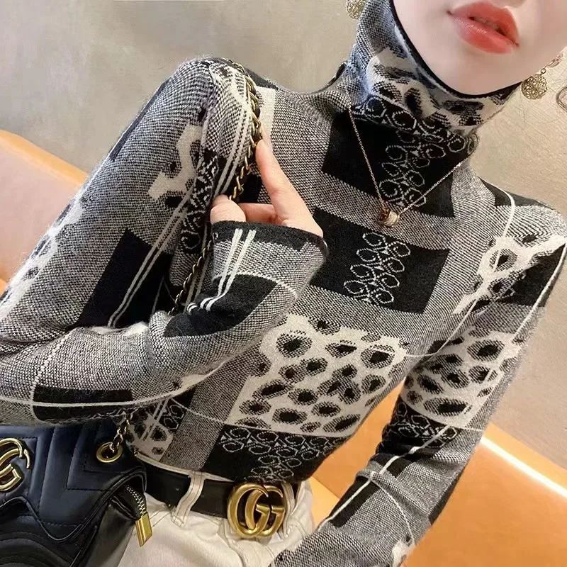 Women Clothing Winter Basic Knitted Sweaters Chic Y2k Jacquard Turtleneck Elasticity Wool Pullvers Vintage Casual Slim Knitwear