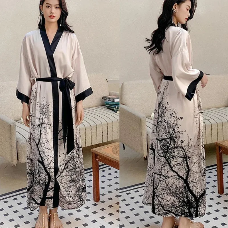 Chinese Style Print Women Long Robe Nightgown Retro Satin Sleepwear Nightdress Half Sleeve Kimono Bathrobe Gown Loose Home Wear