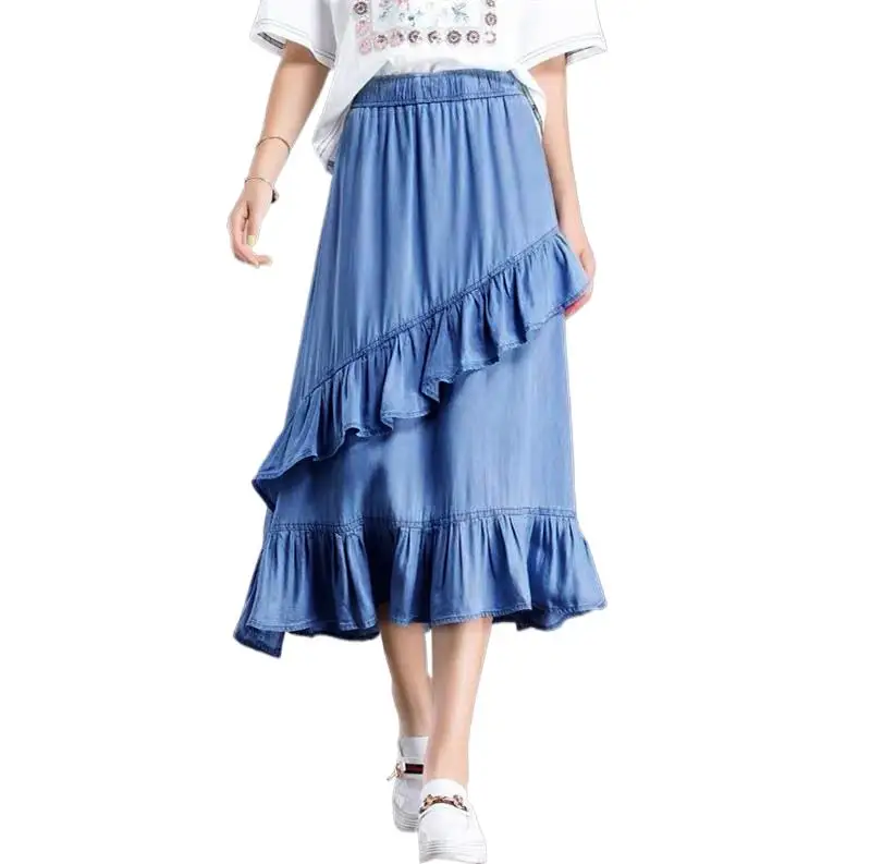 2024 Summer Denim Skirts Ruffles Asymmetrical Elegant Midi Skirt black blue High Waist Autunm cotton skirts y2k streetwear