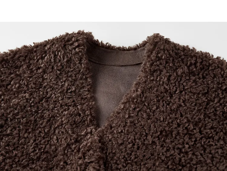 SENTUBILA Kunstpelzjacke für Damen 2026 Winter Kaffee V-Ausschnitt Dicker Warmer Mantel Pendler-Lammfell-Crop-Mantel Damen W64PD6370 – Detail 31