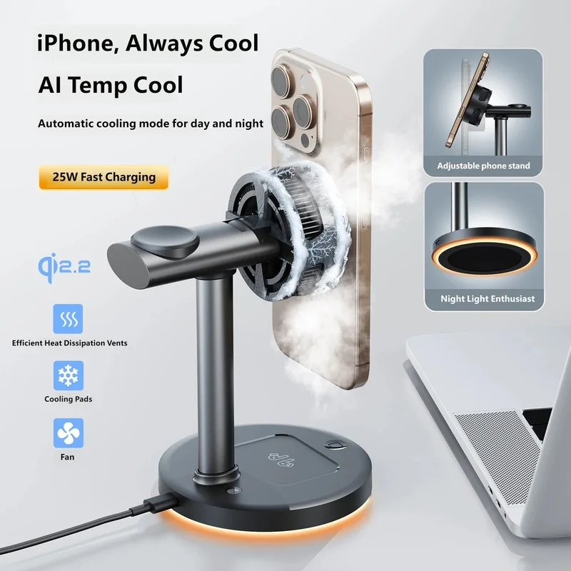 25W Magnetic Wireless Charger Stand with Semiconductor Cooling, Qi2 Fast Charging Desktop Holder Adjustable for iPhone 16/15/14