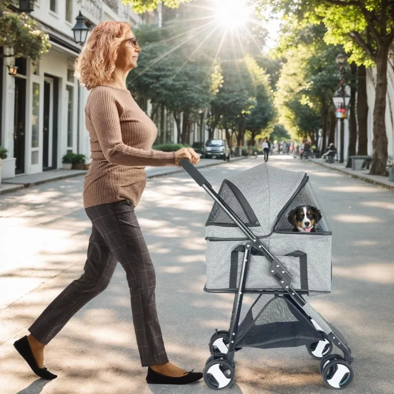 3-in-1 Dog Stroller for Medium Dogs, Foldable and Detachable Carrier Pet Stroller, Easy One-Hand Fold, up to 44lbs (Grey)