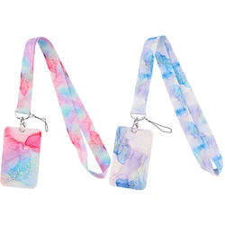 Ransitute R2504 Painting Art Pink Blue Marble Pattern Lanyard Credit Card ID Holder Badge Women Bank Business Card Cover Badge